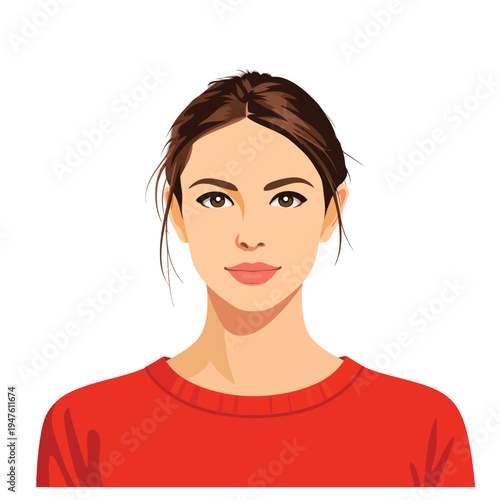 073-08-Woman avatar wearing red sweater, looking straight, with brown hair and eyes