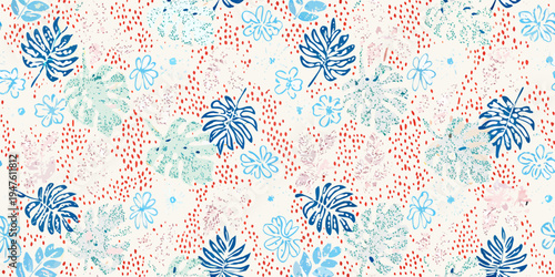 Botanical pattern with tropical leaves and scattered floral elements