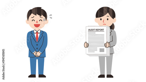 Embarrassed Businessman Faces Audit Report Presented by Concerned Woman