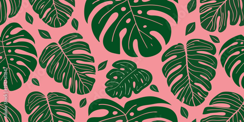 A vibrant seamless pattern featuring dark green monstera leaves on pink
