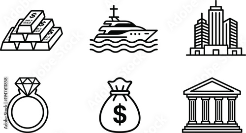 Finance and wealth line icons set including gold bars, yacht, skyscraper, diamond ring, money bag and bank building isolated on white background