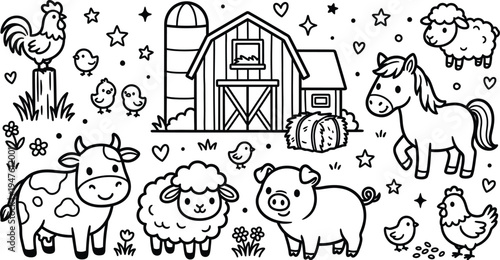 Farm animals and barn scene for coloring
