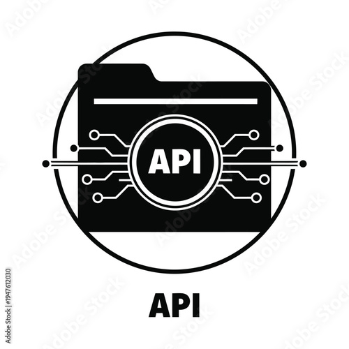 A sleek black icon depicts a file folder integrated with a circular network showcasing an api interface concept high quality professional detailed modern elegant