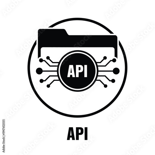 A minimalist black icon depicts a folder containing an api surrounded by a circular connection network design high quality professional detailed modern elegant stylish
