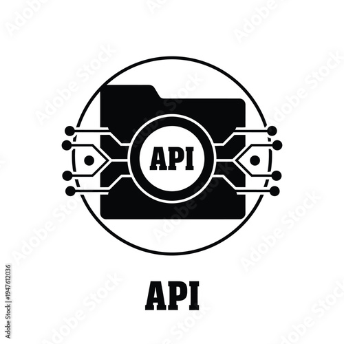 A stylized black icon depicts an application programming interface symbolized by a folder connected to a network of nodes high quality professional detailed modern