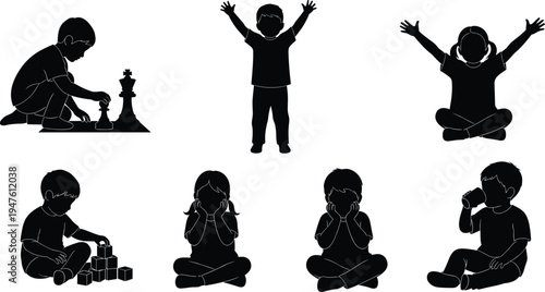 Children Silhouettes Playing and Sitting on White Background girl