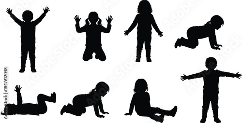 Children Silhouettes in Various Playful Poses on White Background vector illustration