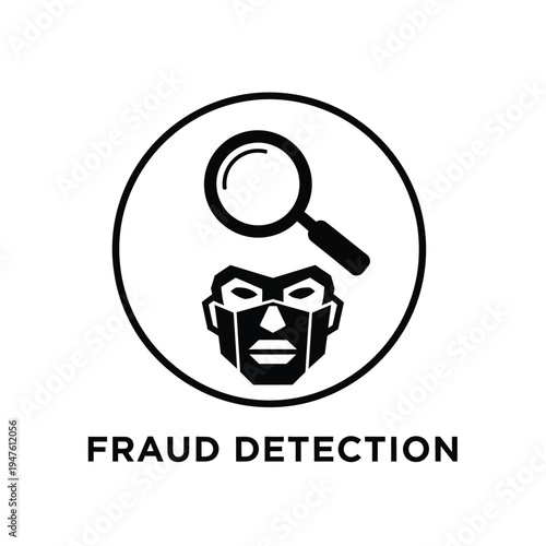 A striking black and white circular icon depicts a magnifying glass over a robotic face symbolizing fraud detection systems high quality professional detailed modern elegant stylish
