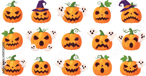 A collection of Halloween pumpkin illustrations with spooky faces, witches' hats, and ghost accents