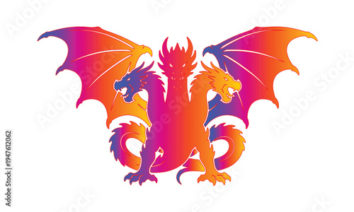 Three Headed Dragon Vector Mascot with Outstretched Wings and Vibrant Gradient Logo