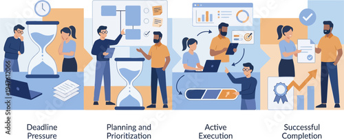 Team Time Management Process Vector Illustration — Deadline Pressure, Planning, Active Execution and Successful Completion