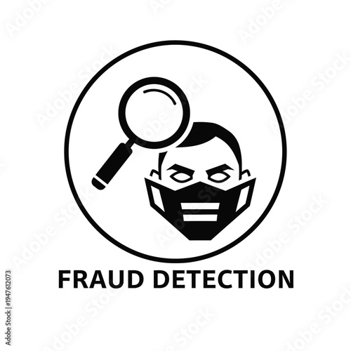A stark black and white graphic depicts a masked figure under the scrutiny of a magnifying glass symbolizing fraud detection efforts high quality professional detailed modern