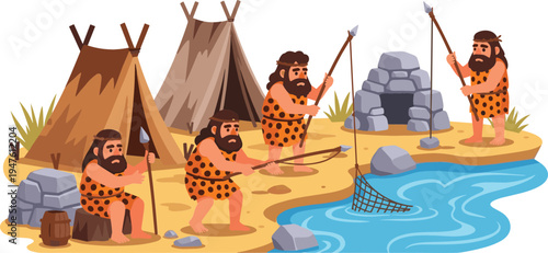 Prehistoric scene with cavemen hunting, fishing, and living in tents by a river.