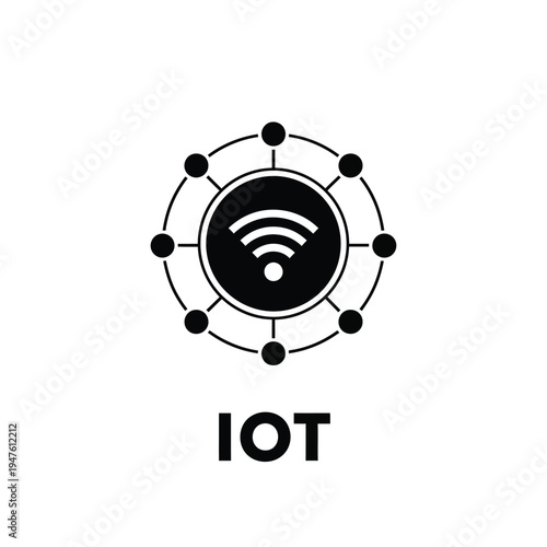 A minimalist black and white illustration depicts the internet of things featuring a central wireless signal surrounded by connected nodes high quality professional detailed modern elegant