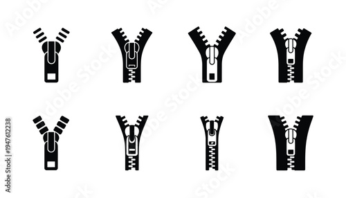 Black and White Zipper Icons Set, Vector Illustrations of Open and Closed Zip Fasteners Ideal for Clothing Design, Tailoring Graphics, Fashion Branding, and Creative Applications.