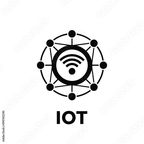 A black and white circular icon depicts a network connection with radiating lines and the abbreviation iot below high quality professional detailed modern elegant