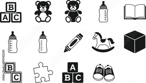 Collection of baby and children's toy icons on a white background vector illustration