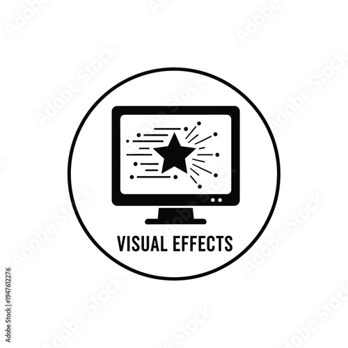 A minimalist black and white illustration depicts a computer monitor displaying a starburst accompanied by the text visual effects below high quality professional detailed modern elegant