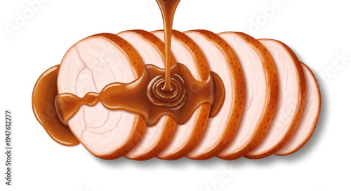 Sliced meat being drizzled with savory sauce on a plate indoors closeup