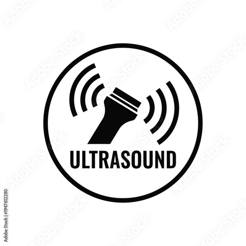 A circular black and white icon depicts an ultrasound transducer emitting waves with the text ultrasound below it high quality professional detailed modern elegant