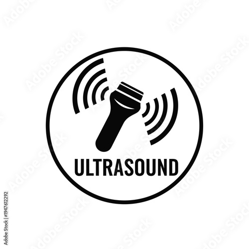 A black and white circular icon depicts a flashlight emitting sound waves labeled ultrasound beneath symbolizing sonic technology high quality professional detailed modern elegant stylish clean