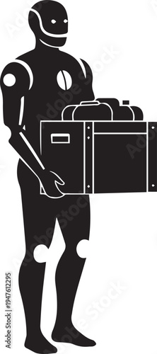 Futuristic robot carrying delivery box vector silhouette illustration for technology theme