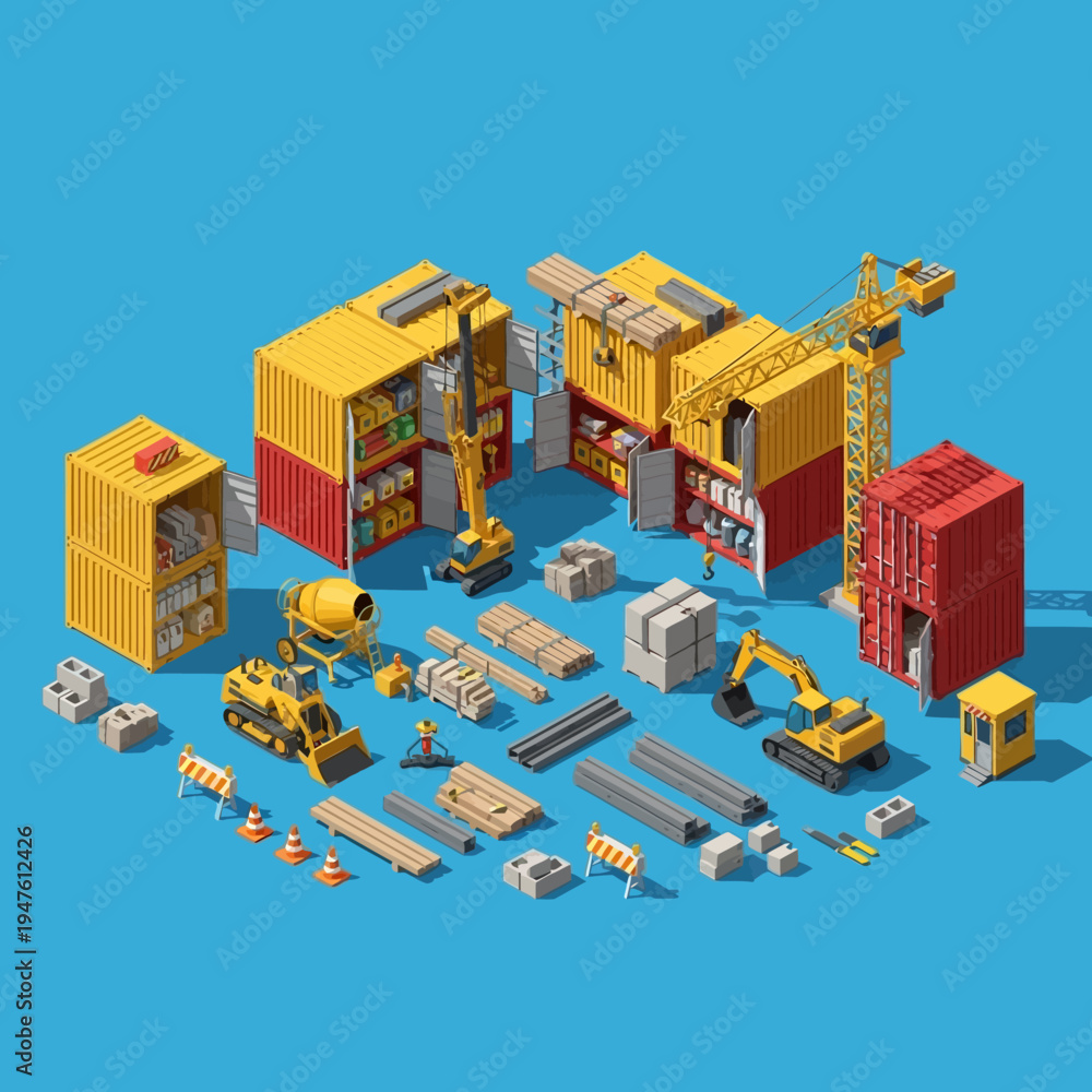 Fototapeta premium Isometric illustration of a construction site with various equipment and materials, vibrant colors.