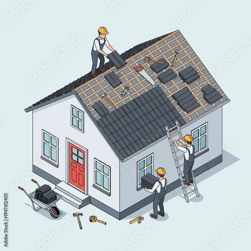 Illustration depicting construction workers installing roof tiles on a residential house.