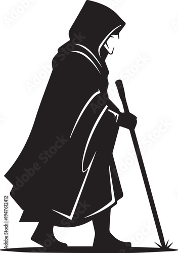 Hooded figure with walking stick vector illustration silhouette line art