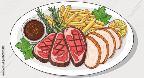 Grilled steak and chicken served with fries and sauce on a plate