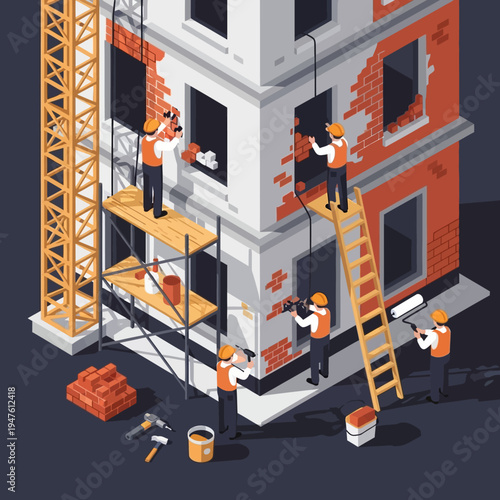 Isometric illustration of construction workers renovating a building with scaffolding and tools.