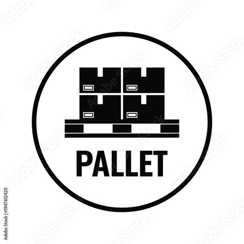 A simple black and white graphic depicts stacked cardboard boxes on a wooden pallet encircled within a bold black border high quality professional detailed modern elegant