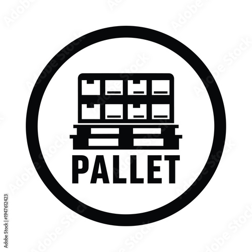 A black and white circular icon depicts a stacked pallet with boxed items labeled pallet in bold text below high quality professional detailed modern elegant stylish