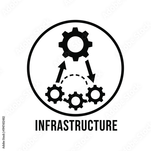 A black and white circular icon depicts interconnected gears and arrows illustrating a systems process with the text infrastructure below high quality professional detailed modern elegant