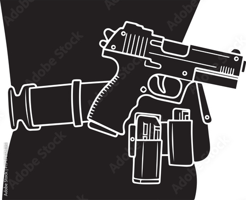 Holstered handgun line art on hip with extra magazines vector silhouette illustration