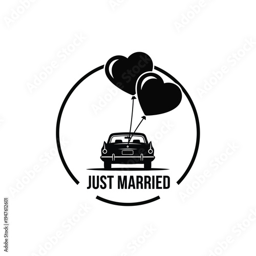 A stylized black and white emblem depicts two heart shaped balloons floating above a vintage car with a just married sign high quality professional detailed modern elegant