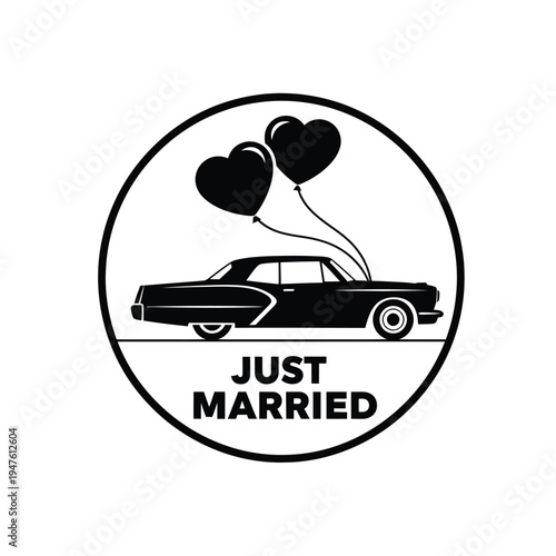 A black and white circular emblem depicts a vintage car with two heart shaped balloons celebrating a newlywed couple s journey high quality professional detailed modern elegant stylish