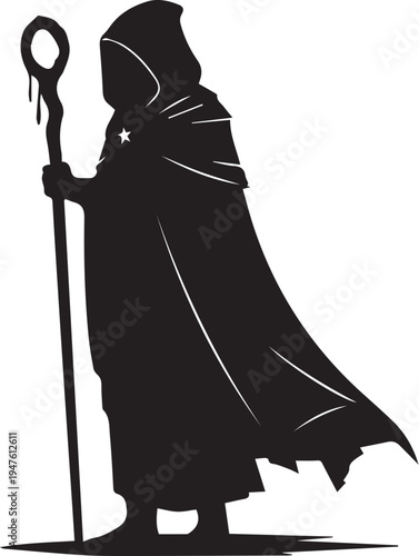 Mysterious hooded figure with staff vector illustration silhouette line art