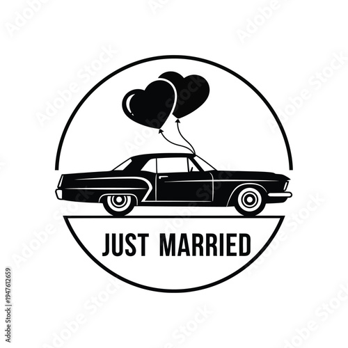 A black and white graphic showcases a classic car with heart shaped balloons accompanied by the text just married below it high quality professional detailed modern elegant