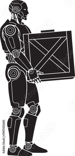 Robot holding box vector silhouette illustration futuristic android delivery line art