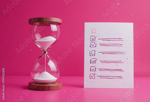 Hourglass with checklist on pink background, symbolizing time management