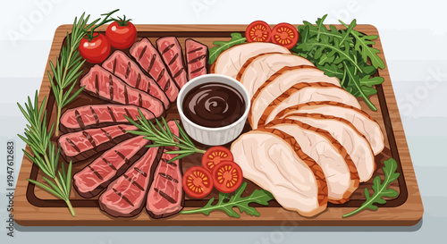 Grilled meat platter with sliced beef, chicken, rosemary, and BBQ sauce on wooden board indoors