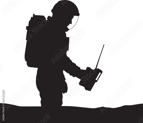 Soldier with backpack and radio transceiver vector silhouette illustration