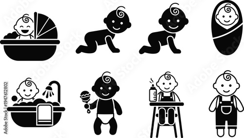 Collection of black icons depicting babies in various activities on a white background Keywords: baby, infant, icons, collection