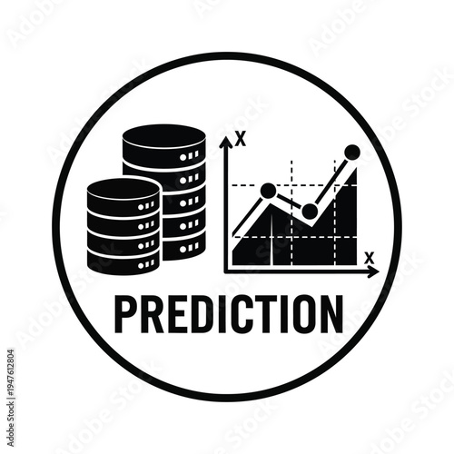 A black and white circular icon depicts data storage cylinders alongside a rising graph with the word prediction displayed below high quality professional detailed