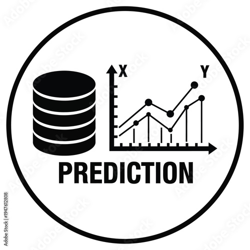A black circle contains a database icon a line graph with upward trends and the word prediction underneath high quality professional detailed modern elegant