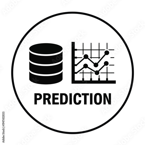 A black and white circular icon depicts data storage and analytical charts with the word prediction underneath high quality professional detailed modern elegant stylish