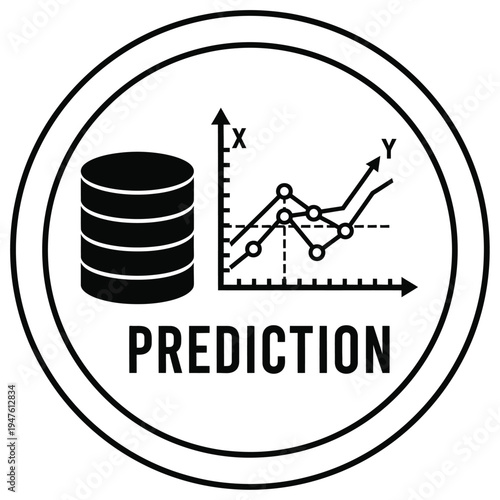 A circular icon displays a database alongside a line graph with the word prediction prominently featured below it high quality professional detailed modern elegant