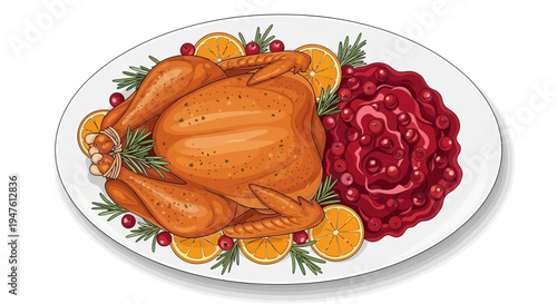 A roasted turkey with cranberry sauce and oranges on a plate indoors