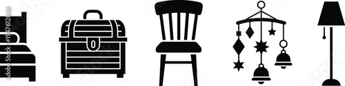 Collection of black icons for furniture and nursery items on a white background Keywords: bed, cot, crib, mattress, furniture